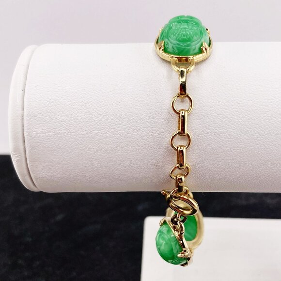 VINTAGE Gold tone metal and marbled jade green plastic scarab beetle bracelet - Picture 7 of 8